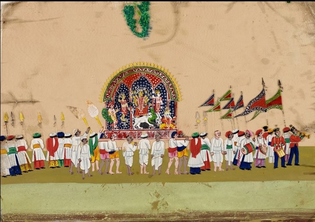 Торжественная процессия в честь богини Дурги. Индия, Западная Бенгалия, Муршидабад, около 1800 года. Непрозрачная акварель на слюде.